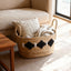 Handwoven Straw Storage Basket with Black Diamond Pattern & Rope Handles, Natural Seagrass Woven Blanket Basket for Living Room & Bedroom -ZENG-091702