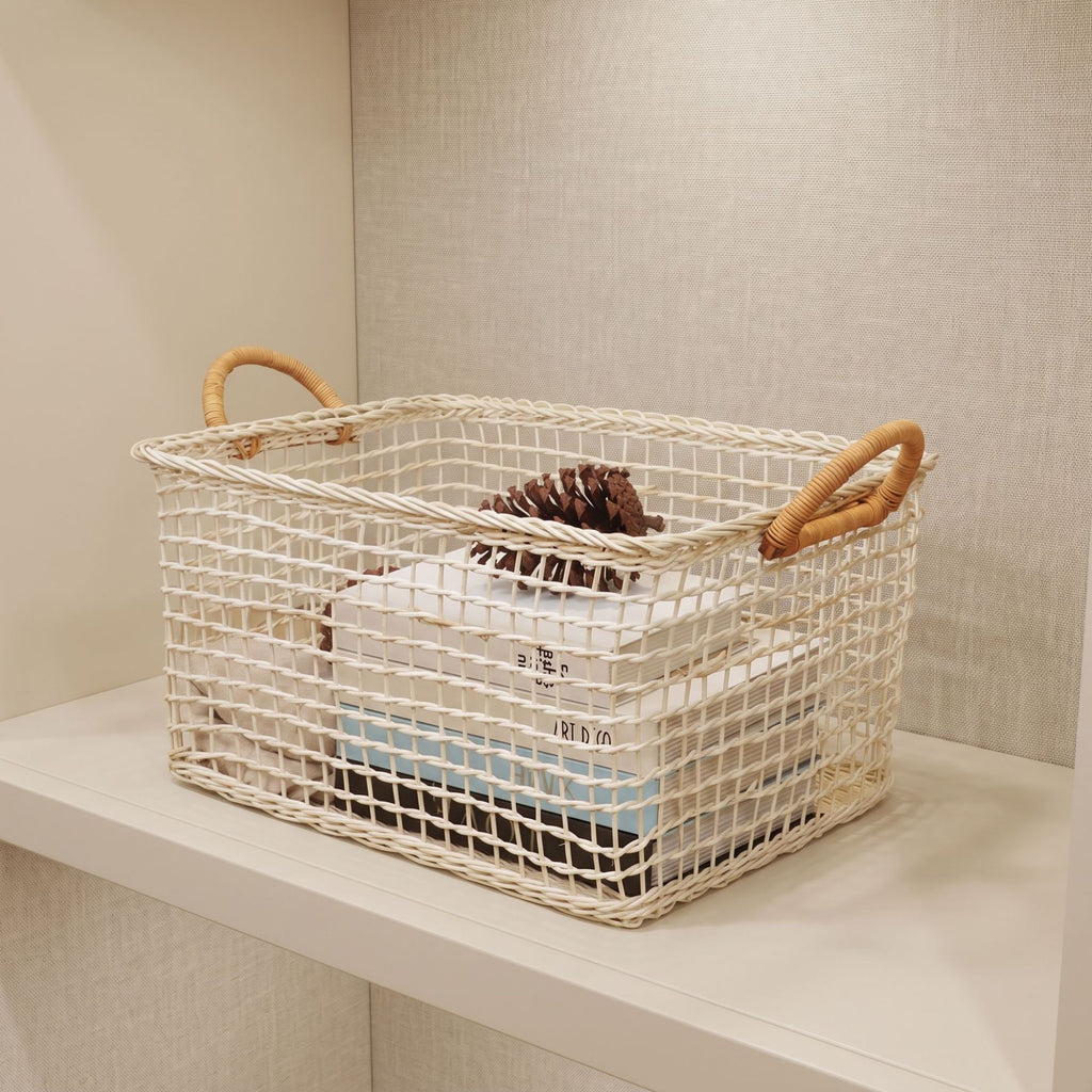 Woven Storage Basket with Handles | Open Weave Decorative Organizer for Shelves, Bedroom & Living Room-cc-092009
