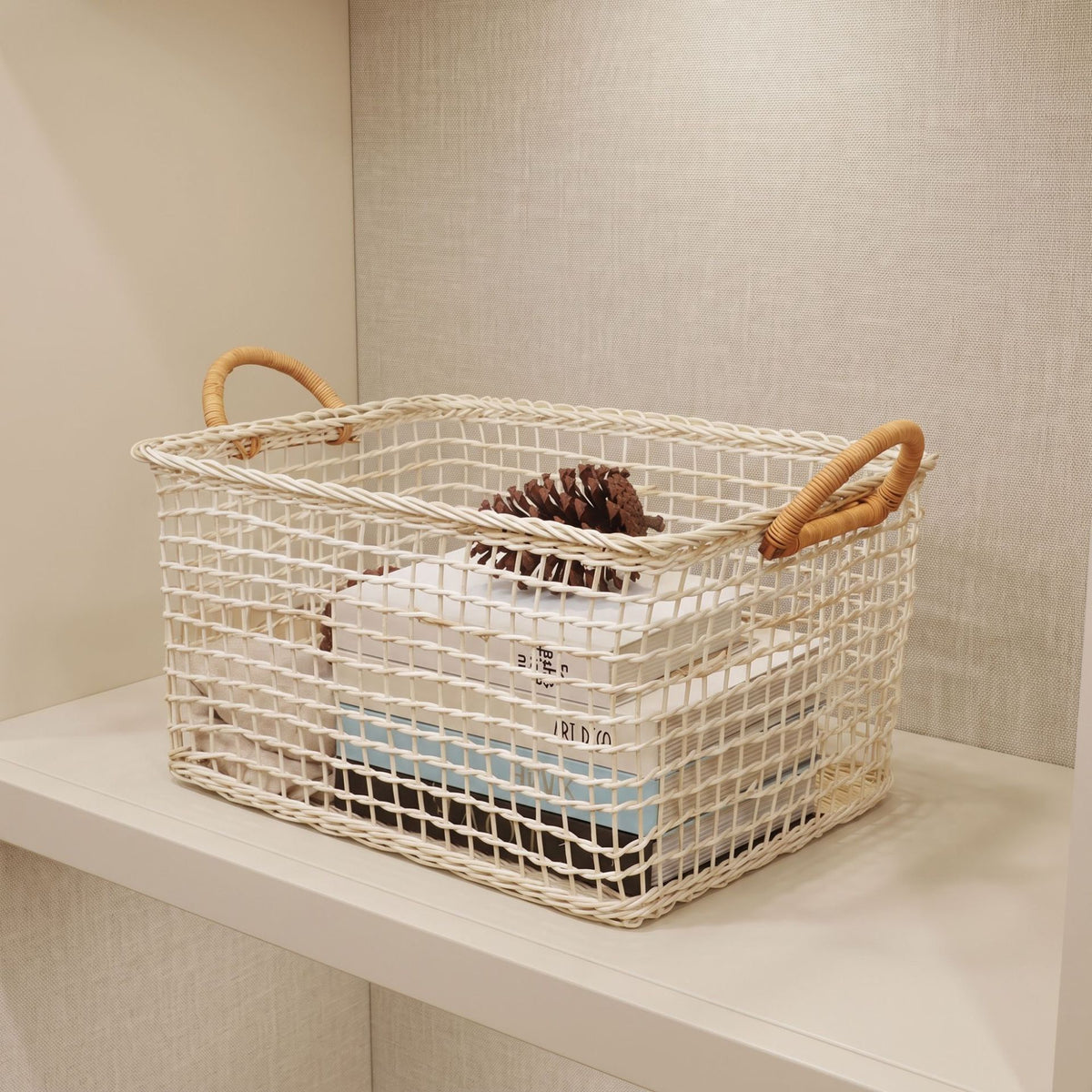 Woven Storage Basket with Handles | Open Weave Decorative Organizer for Shelves, Bedroom & Living Room-cc-092009