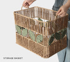Rectangular Woven Storage Basket with Handles & Leaf Design – Large Decorative Organizer for Laundry, Toys, Blankets & Home Storage-cc-091802