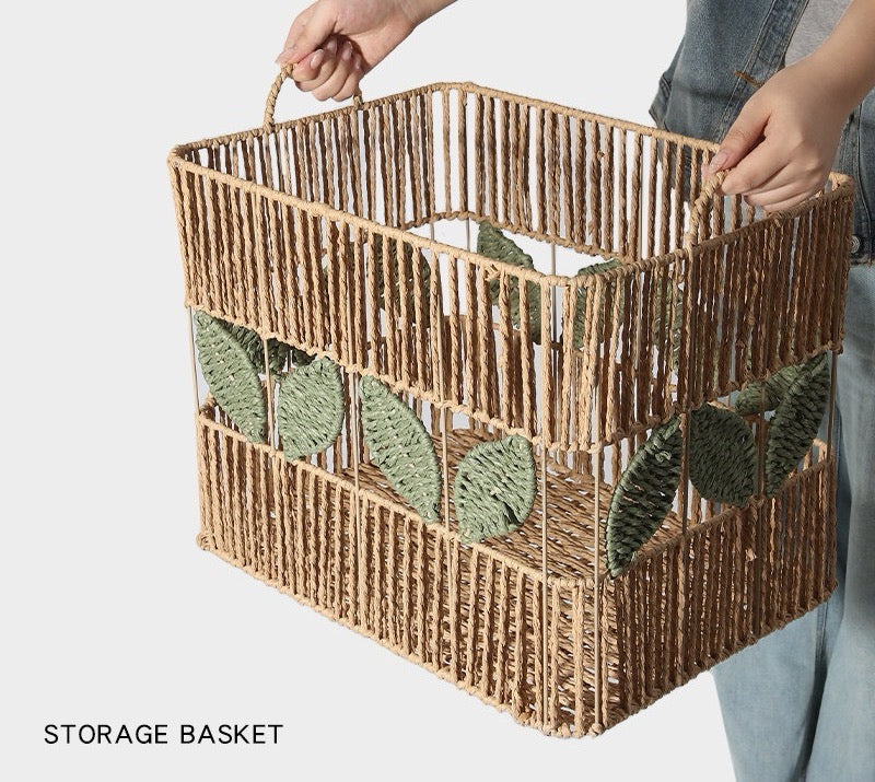 Rectangular Woven Storage Basket with Handles & Leaf Design – Large Decorative Organizer for Laundry, Toys, Blankets & Home Storage-cc-091802