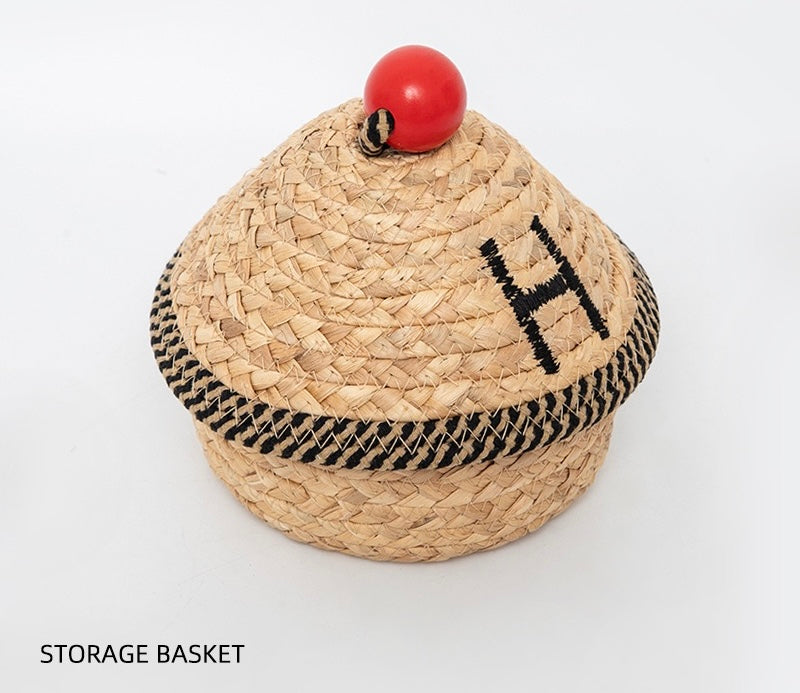 Woven Storage Basket with Lid – Decorative Small Organizer for Bedroom, Nursery & Home-091612-cc