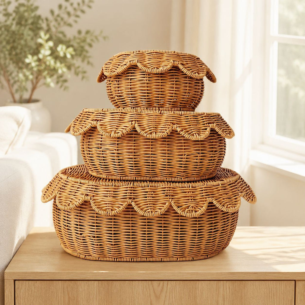 3-Piece Natural Rattan Storage Basket Set with Lids – Handwoven Scalloped Decorative Baskets for Bathroom, Bedroom & Home Organization-cc-091706