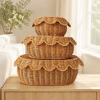 3-Piece Natural Rattan Storage Basket Set with Lids – Handwoven Scalloped Decorative Baskets for Bathroom, Bedroom & Home Organization-cc-091706