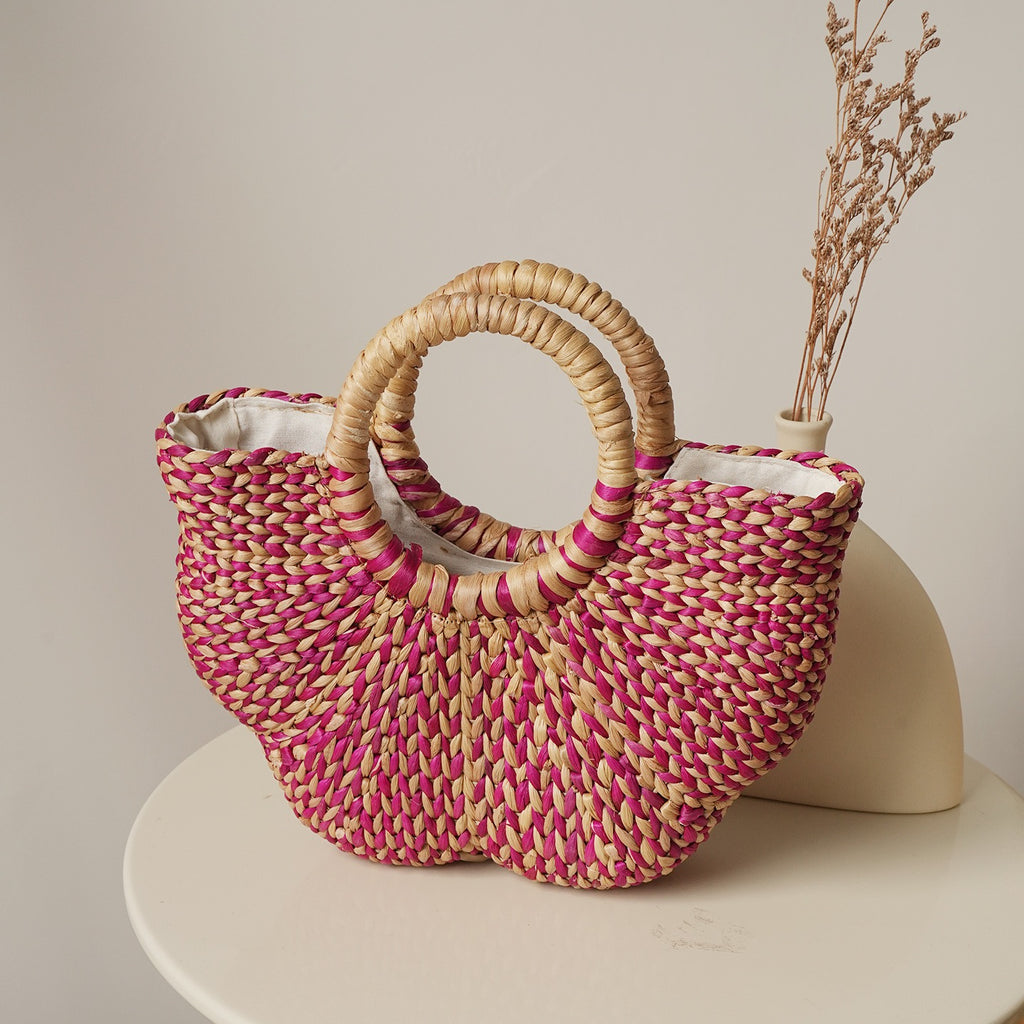 Handwoven Water Hyacinth Tote Bag for Women – Pink Natural Woven Handbag with Round Handles for Beach, Travel & Summer Outfits-cc-091710