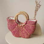 Handwoven Water Hyacinth Tote Bag for Women – Pink Natural Woven Handbag with Round Handles for Beach, Travel & Summer Outfits-cc-091710