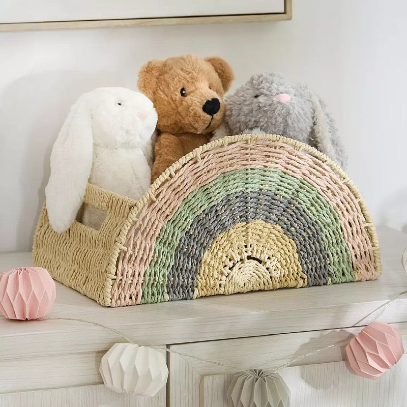 Rainbow Woven Storage Basket for Kids – Toy, Book, Stuffed Animal & Blanket Organizer with Handles for Nursery and Playroom-cc-091712