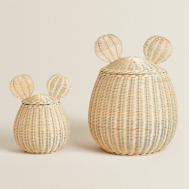 Wicker Mickey Mouse Storage Basket Handwoven Rattan Toy Organizer Bin, Double Layer Design, Natural Rattan Color, Cute Round Shape for Kids Room, Nursery, Bedroom Toy and Clutter Storage -cc-092008 Main Image