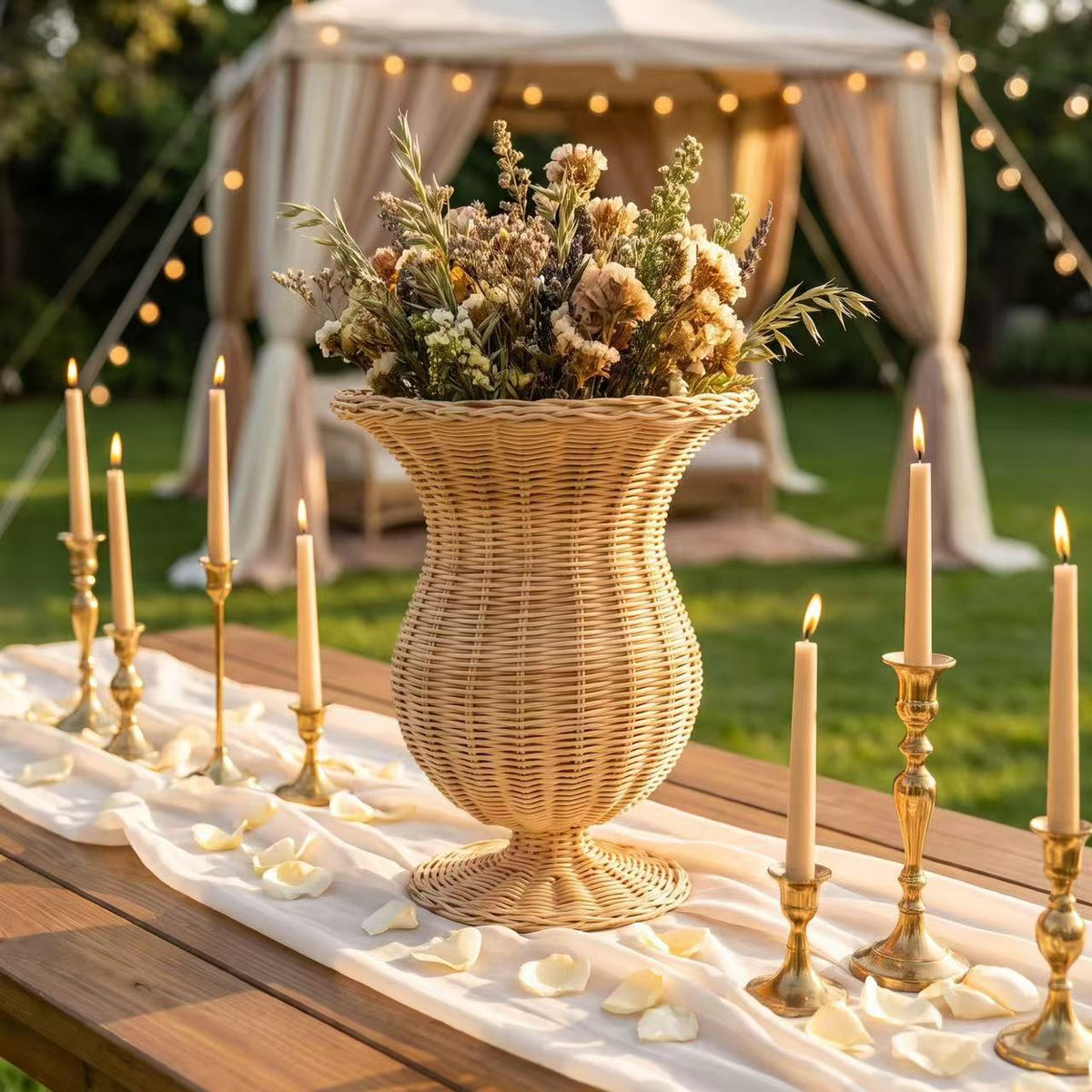 Natural Rattan Woven Vase for Dried Flowers, Decorative Wicker Flower Vase with Pedestal Base, Boho Farmhouse Home Decor-cc-091809
