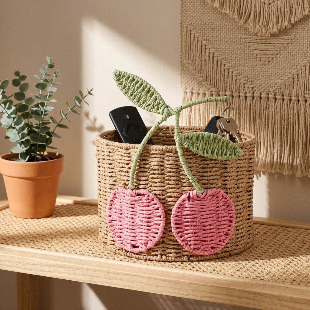 Cherry Woven Storage Basket, Cute Round Organizer Bin for Desk, Nursery, Bedroom & Kids Room-cc-091812