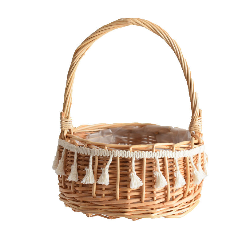 Handwoven Wicker Flower Basket with Tassel Trim & Single Handle, Round Woven Floral Arrangement Basket with Liner for Wedding, Gift & Home Decor -ZENG-091607