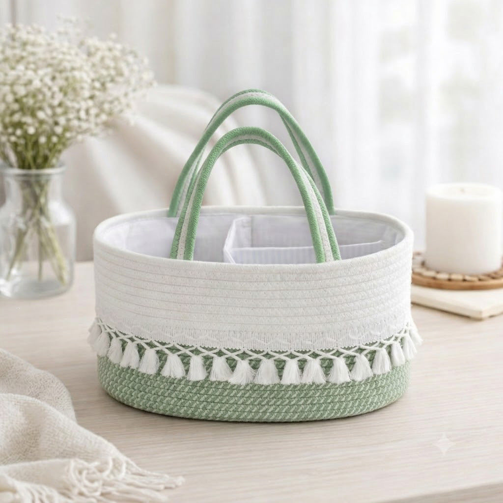 White & Green Woven Baby Storage Basket with Tassels & Dual Handles, Handmade Rattan Diaper Toy Organizer with Dividers for Nursery -ZENG-091816