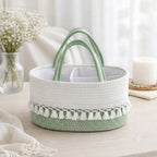 White & Green Woven Baby Storage Basket with Tassels & Dual Handles, Handmade Rattan Diaper Toy Organizer with Dividers for Nursery -ZENG-091816