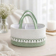 White & Green Woven Baby Storage Basket with Tassels & Dual Handles, Handmade Rattan Diaper Toy Organizer with Dividers for Nursery -ZENG-091816