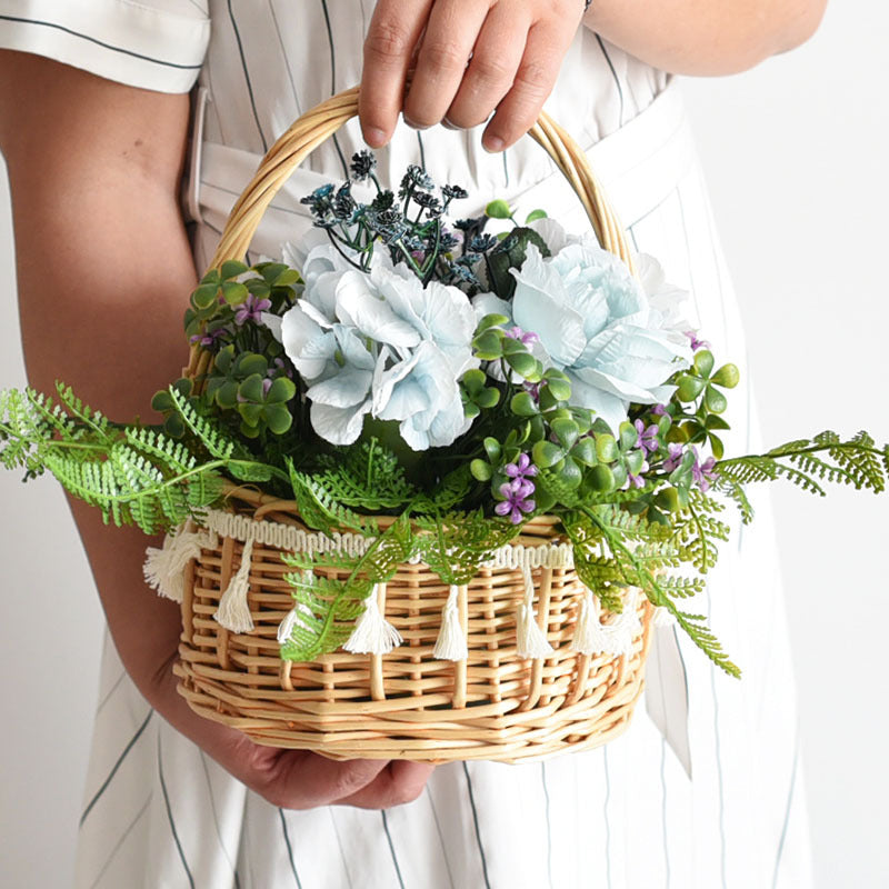 Handwoven Wicker Flower Basket with Tassel Trim & Single Handle, Round Woven Floral Arrangement Basket with Liner for Wedding, Gift & Home Decor -ZENG-091607