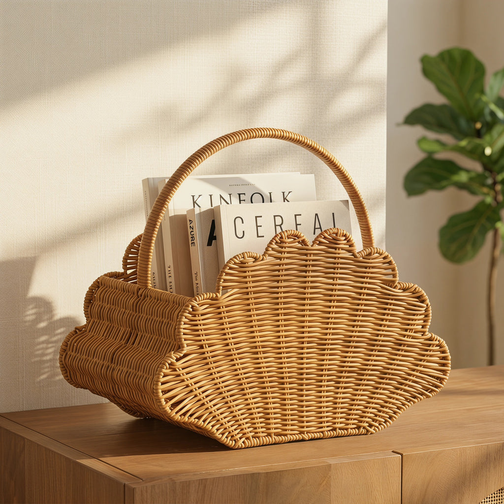 Woven Picnic Basket with Wave Trim & Handles, Handmade Wicker Basket for Baguette, Fruits & Outdoor Picnic, Farmhouse Summer Decor -ZENG-091709