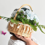 Handwoven Wicker Flower Basket with Tassel Trim & Single Handle, Round Woven Floral Arrangement Basket with Liner for Wedding, Gift & Home Decor -ZENG-091607