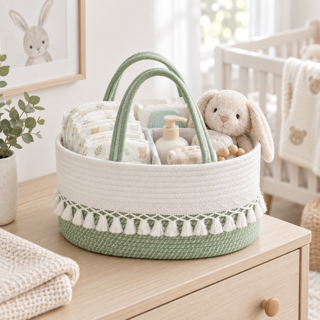 White & Green Woven Baby Storage Basket with Tassels & Dual Handles, Handmade Rattan Diaper Toy Organizer with Dividers for Nursery -ZENG-091816 Main Image