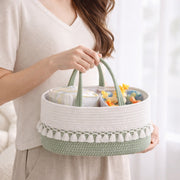 White & Green Woven Baby Storage Basket with Tassels & Dual Handles, Handmade Rattan Diaper Toy Organizer with Dividers for Nursery -ZENG-091816