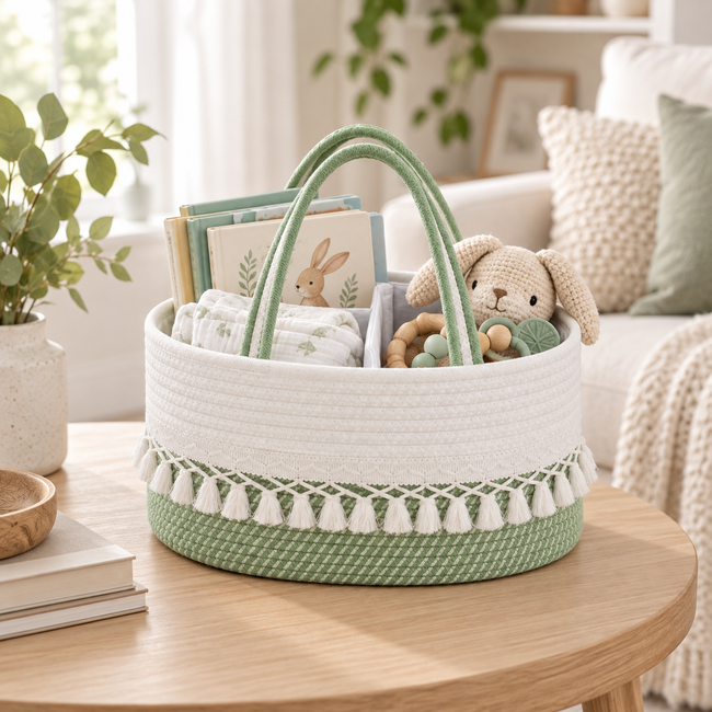 White & Green Woven Baby Storage Basket with Tassels & Dual Handles, Handmade Rattan Diaper Toy Organizer with Dividers for Nursery -ZENG-091816 Hover Image