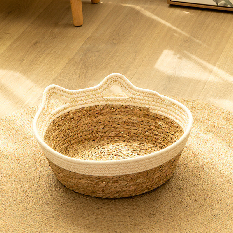Cute Cat Ear Cotton Rope Woven Basket, Round Woven Pet Bed for Cat Kitten, Multipurpose Home Storage Basket for Toys & Sundries -ZENG-091608