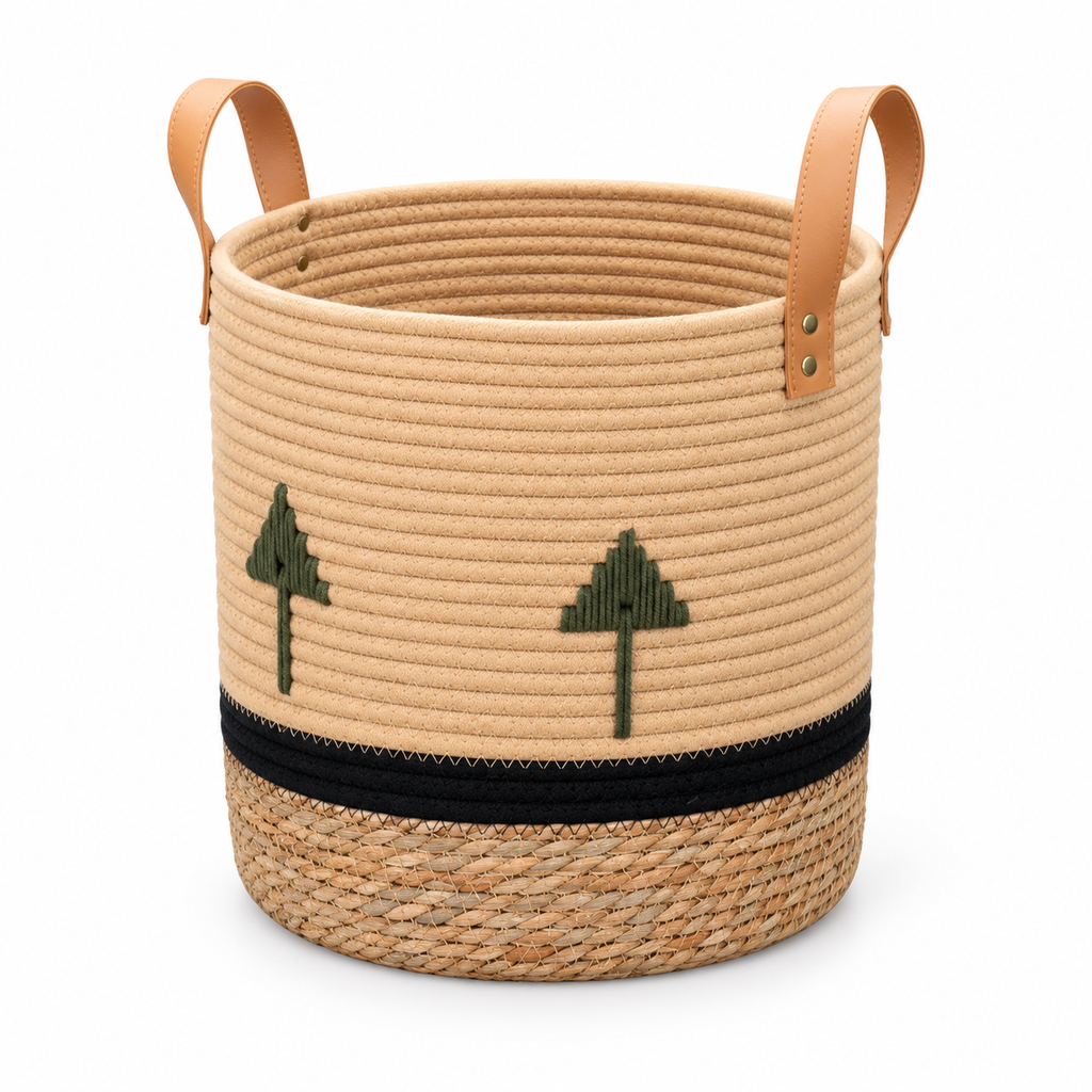 Cream Cotton Rope Storage Basket with Leather Handles & Green Tree Embroidery, Handwoven Cylinder Organizer with Black Trim for Home -ZENG-092001