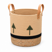 Cream Cotton Rope Storage Basket with Leather Handles & Green Tree Embroidery, Handwoven Cylinder Organizer with Black Trim for Home -ZENG-092001