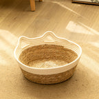Cute Cat Ear Cotton Rope Woven Basket, Round Woven Pet Bed for Cat Kitten, Multipurpose Home Storage Basket for Toys & Sundries -ZENG-091608