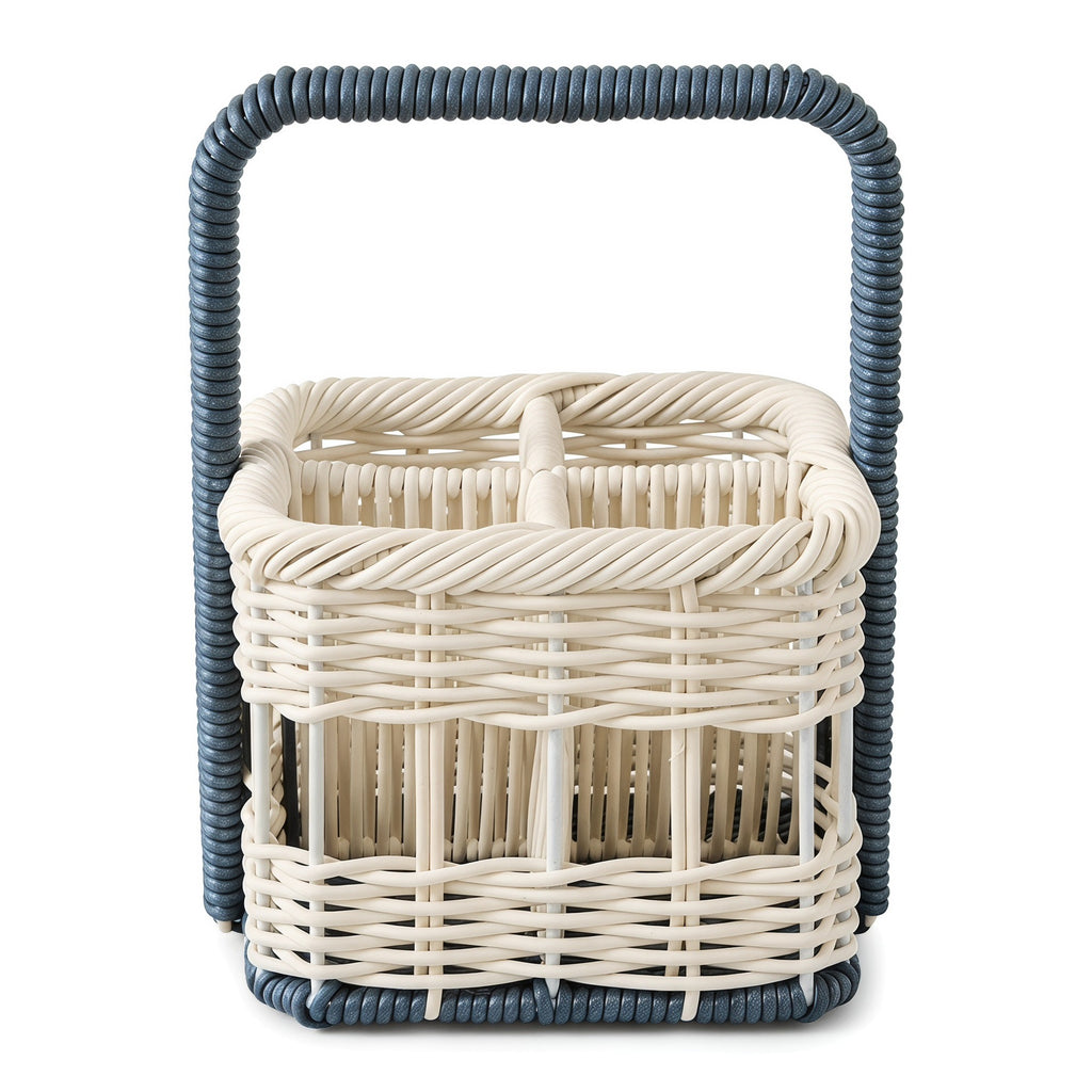 Cream Wicker Cutlery Basket with Navy Spiral Handles, Handwoven Rattan Utensil Caddy for Forks, Spoons & Napkins, Farmhouse Kitchen Decor -ZENG-091710