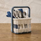 Cream Wicker Cutlery Basket with Navy Spiral Handles, Handwoven Rattan Utensil Caddy for Forks, Spoons & Napkins, Farmhouse Kitchen Decor -ZENG-091710