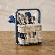 Cream Wicker Cutlery Basket with Navy Spiral Handles, Handwoven Rattan Utensil Caddy for Forks, Spoons & Napkins, Farmhouse Kitchen Decor -ZENG-091710