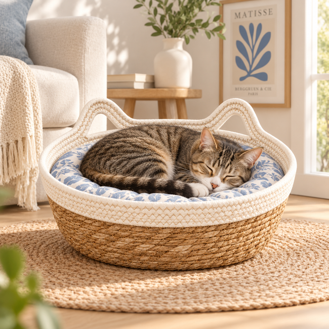 Cute Cat Ear Cotton Rope Woven Basket, Round Woven Pet Bed for Cat Kitten, Multipurpose Home Storage Basket for Toys & Sundries -ZENG-091608 Main Image