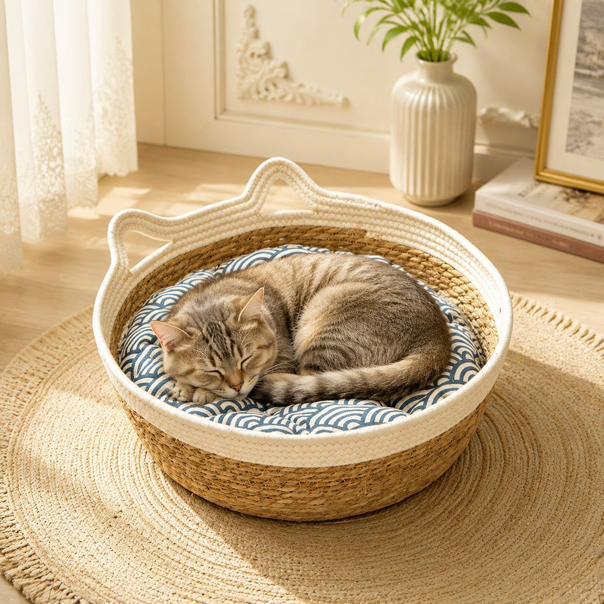 Cute Cat Ear Cotton Rope Woven Basket, Round Woven Pet Bed for Cat Kitten, Multipurpose Home Storage Basket for Toys & Sundries -ZENG-091608