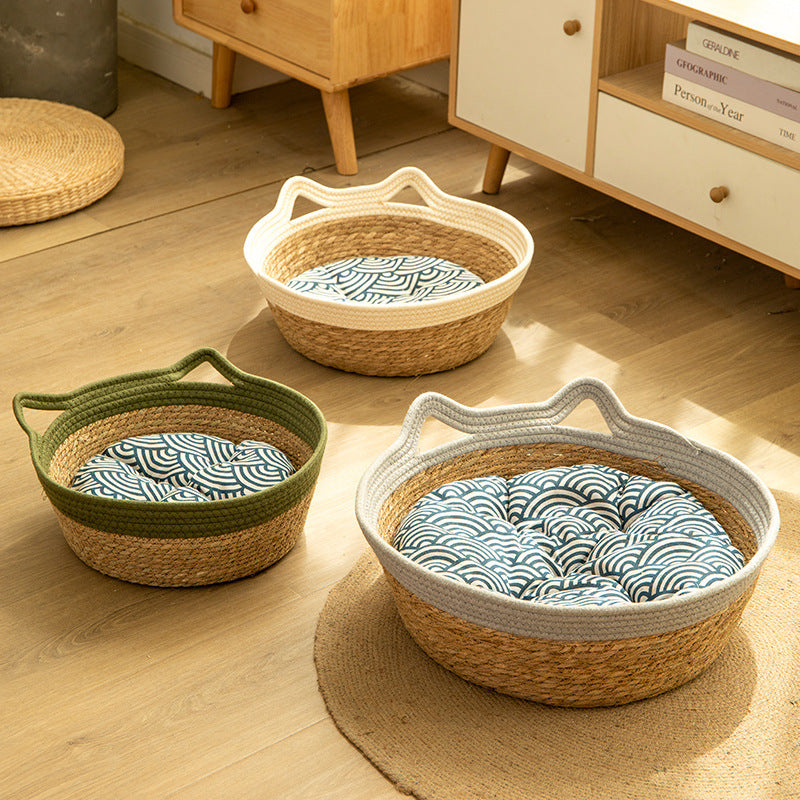 Cute Cat Ear Cotton Rope Woven Basket, Round Woven Pet Bed for Cat Kitten, Multipurpose Home Storage Basket for Toys & Sundries -ZENG-091608