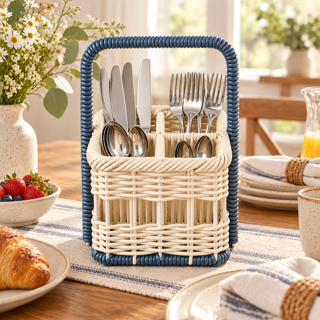 Cream Wicker Cutlery Basket with Navy Spiral Handles, Handwoven Rattan Utensil Caddy for Forks, Spoons & Napkins, Farmhouse Kitchen Decor -ZENG-091710 Main Image