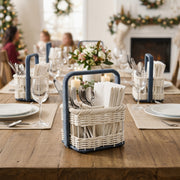 Cream Wicker Cutlery Basket with Navy Spiral Handles, Handwoven Rattan Utensil Caddy for Forks, Spoons & Napkins, Farmhouse Kitchen Decor -ZENG-091710