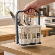 Cream Wicker Cutlery Basket with Navy Spiral Handles, Handwoven Rattan Utensil Caddy for Forks, Spoons & Napkins, Farmhouse Kitchen Decor -ZENG-091710