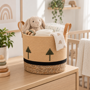 Cream Cotton Rope Storage Basket with Leather Handles & Green Tree Embroidery, Handwoven Cylinder Organizer with Black Trim for Home -ZENG-092001