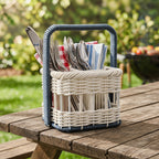 Cream Wicker Cutlery Basket with Navy Spiral Handles, Handwoven Rattan Utensil Caddy for Forks, Spoons & Napkins, Farmhouse Kitchen Decor -ZENG-091710