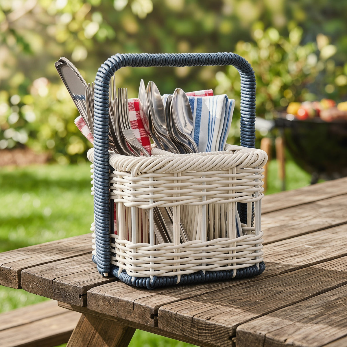 Cream Wicker Cutlery Basket with Navy Spiral Handles, Handwoven Rattan Utensil Caddy for Forks, Spoons & Napkins, Farmhouse Kitchen Decor -ZENG-091710