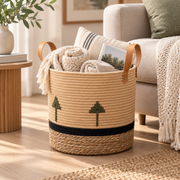 Cream Cotton Rope Storage Basket with Leather Handles & Green Tree Embroidery, Handwoven Cylinder Organizer with Black Trim for Home -ZENG-092001