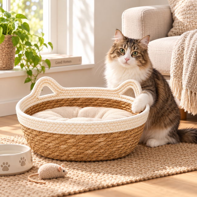 Cute Cat Ear Cotton Rope Woven Basket, Round Woven Pet Bed for Cat Kitten, Multipurpose Home Storage Basket for Toys & Sundries -ZENG-091608 Hover Image