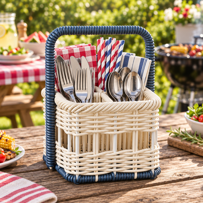 Cream Wicker Cutlery Basket with Navy Spiral Handles, Handwoven Rattan Utensil Caddy for Forks, Spoons & Napkins, Farmhouse Kitchen Decor -ZENG-091710 Hover Image