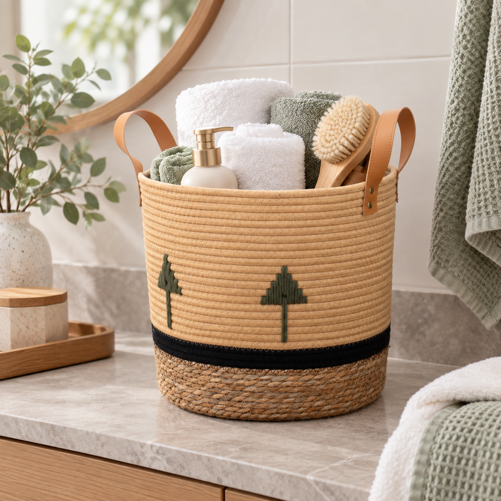 Cream Cotton Rope Storage Basket with Leather Handles & Green Tree Embroidery, Handwoven Cylinder Organizer with Black Trim for Home -ZENG-092001