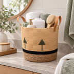 Cream Cotton Rope Storage Basket with Leather Handles & Green Tree Embroidery, Handwoven Cylinder Organizer with Black Trim for Home -ZENG-092001