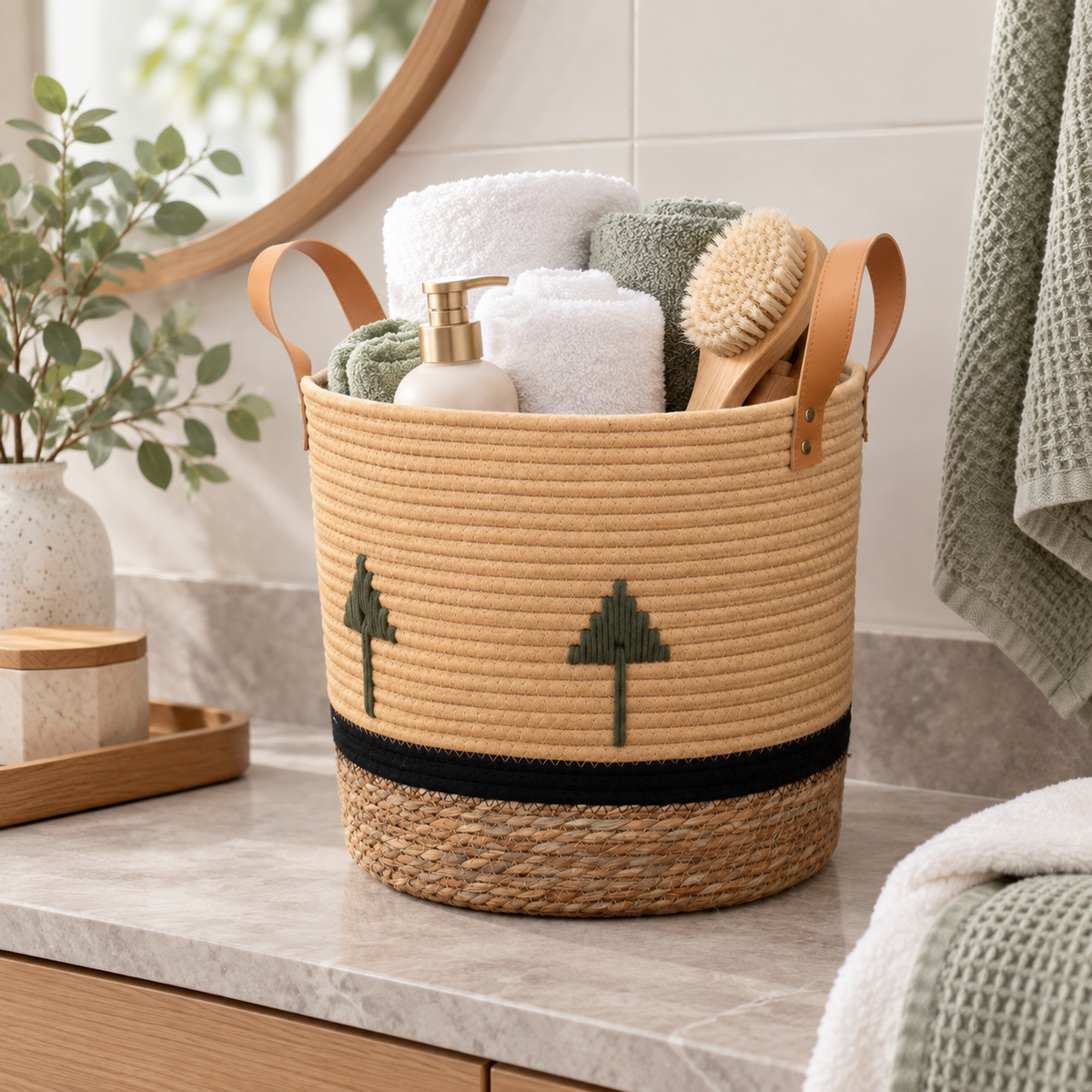 Cream Cotton Rope Storage Basket with Leather Handles & Green Tree Embroidery, Handwoven Cylinder Organizer with Black Trim for Home -ZENG-092001