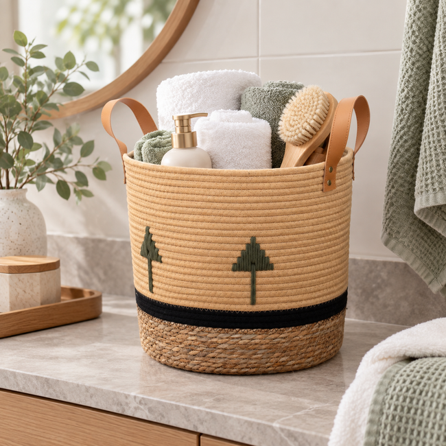 Cream Cotton Rope Storage Basket with Leather Handles & Green Tree Embroidery, Handwoven Cylinder Organizer with Black Trim for Home -ZENG-092001 Main Image