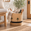 Cream Cotton Rope Storage Basket with Leather Handles & Green Tree Embroidery, Handwoven Cylinder Organizer with Black Trim for Home -ZENG-092001