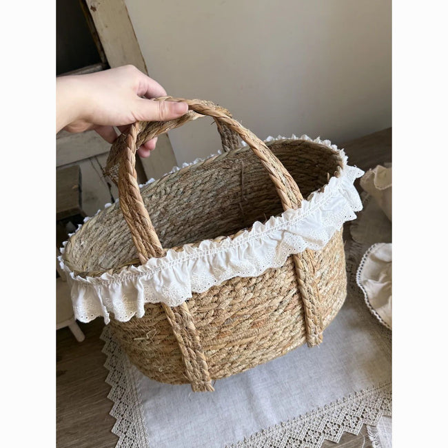Vintage Woven Basket with Handles & Lace Trim – Decorative Picnic, Gift & Storage Basket-091611-cc Hover Image