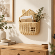 House Shaped Wicker Wall Hanging Basket with Chimney & Window, Handwoven Rattan Fall Decor Basket for Pumpkins, Dried Flowers & Harvest Display -ZENG-092002